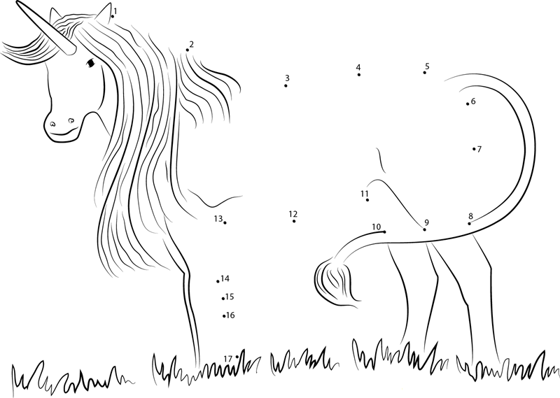 Silver Unicorn Standing In Miisty Forest printable dot to dot worksheet