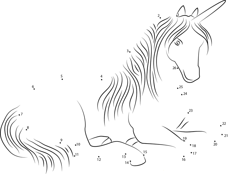 Sitting Unicorn printable dot to dot worksheet