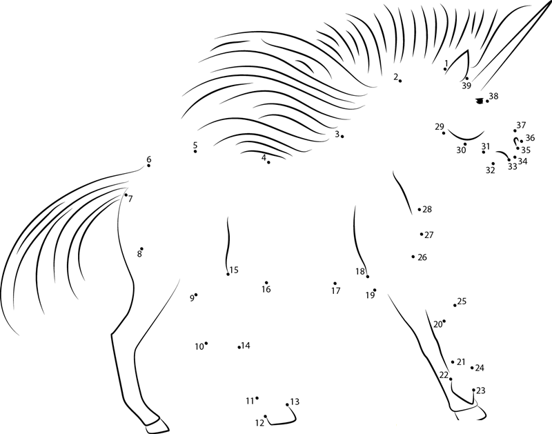 Standing Unicorn printable dot to dot worksheet