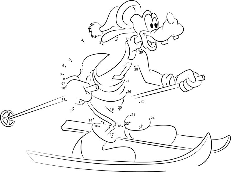 Goofy Play Skiing dot to dot worksheets